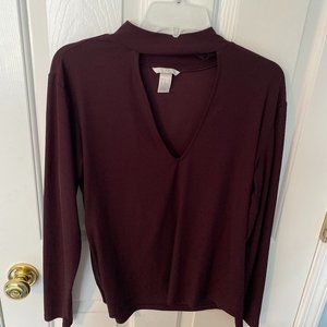 H&M Maroon Faux Choker Long Sleeve Top